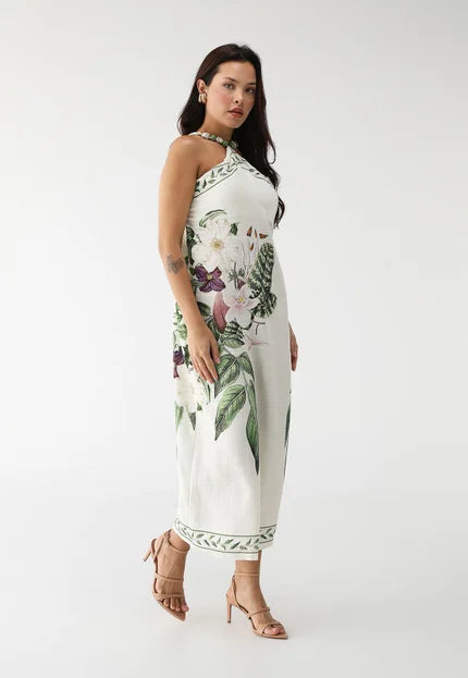 Vestido Lança Perfume Reto Estampado Frente Única Branco