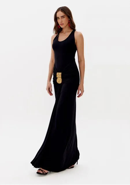Vestido Longo Com Aviamentos Na Frente
