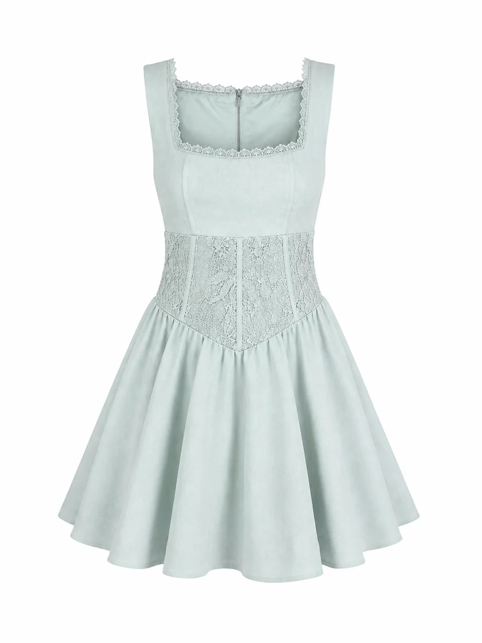 Vestido Marina Curto Rodado em Crepe e Renda Verde Menta
