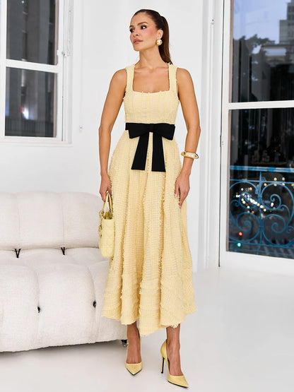 Vestido Memory Lane Midi Rodado em Malha Tweed Texturizada Amarelo Manteiga