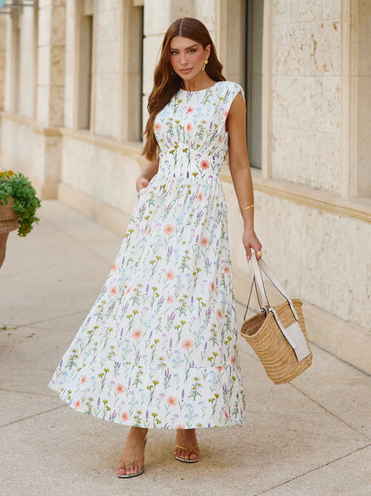 Vestido Midi Floral com Cintura Estruturada e Ombreiras Boulevar