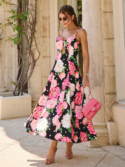 Vestido Mídi Maxi Floral Rosa com Fundo Preto e Poás Blossom