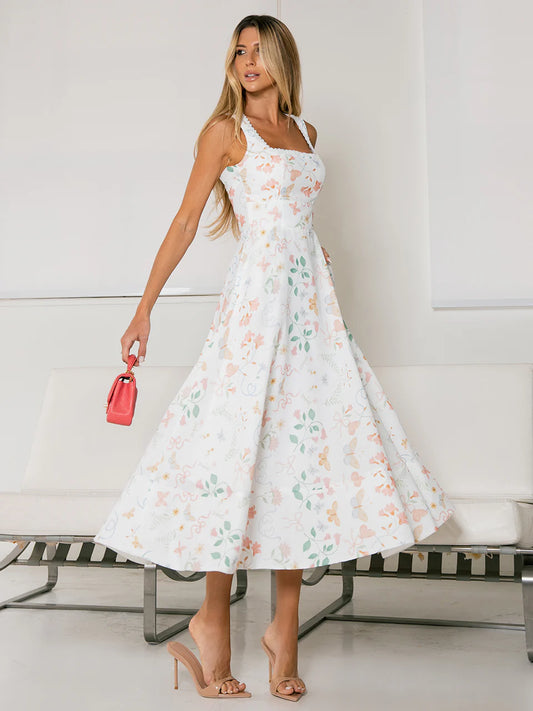 Vestido Midi Off White Estampado Papillon