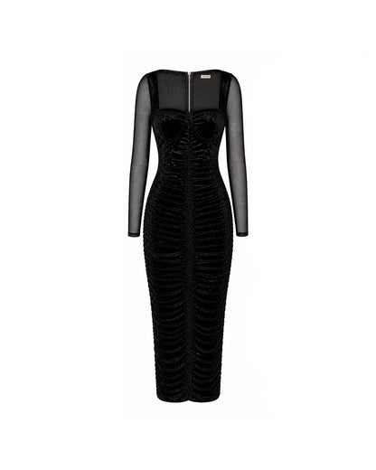 Vestido Midi Plissado Preto Aveludado Crush