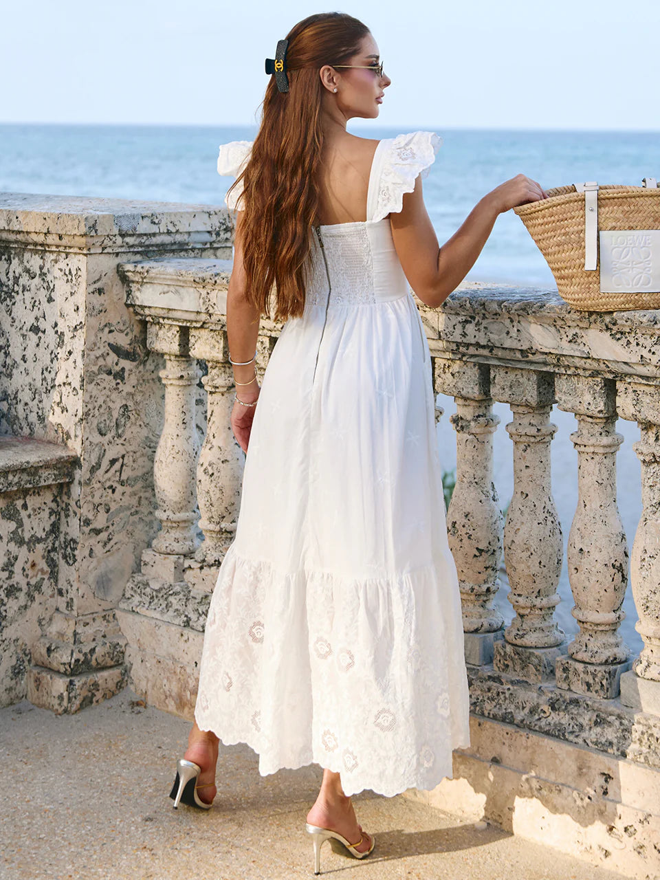Vestido Midi em Cambraia Off-White Santorini