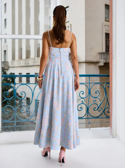 Vestido Palm Springs Midi Rodado em Crepe Estampado Azul