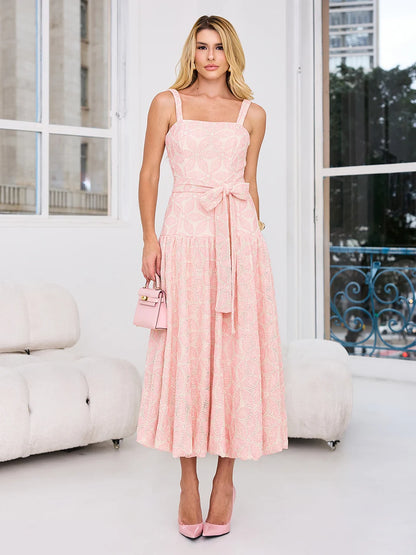 Vestido Petal Diary Midi Balonê em Tecido Telado Bege e Rosa