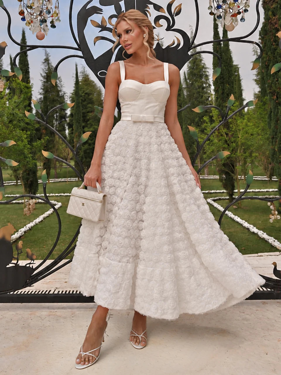 Vestido Raízes Midi Off-White em Crepe e Tule Floral 3D