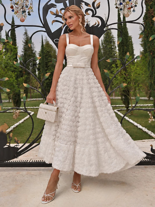 Vestido Raízes Midi Off-White em Crepe e Tule Floral 3D