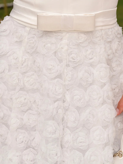 Vestido Raízes Midi Off-White em Crepe e Tule Floral 3D