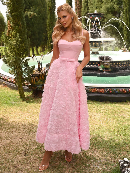 Vestido Raízes Midi Rosa Candy em Crepe e Tule Floral 3D