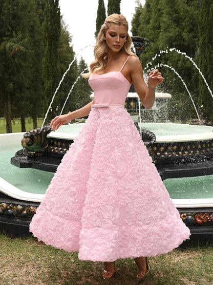 Vestido Raízes Midi Rosa Candy em Crepe e Tule Floral 3D