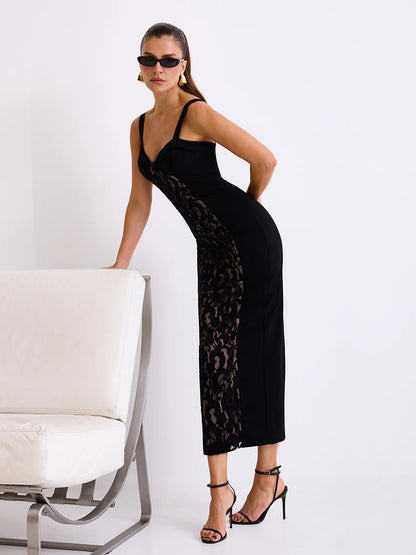 Vestido Sultry Midi Justo em Crepe e Renda Texturizada Preta