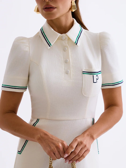 Vestido Wimbledon Curto em Linho Off-white com Bordado