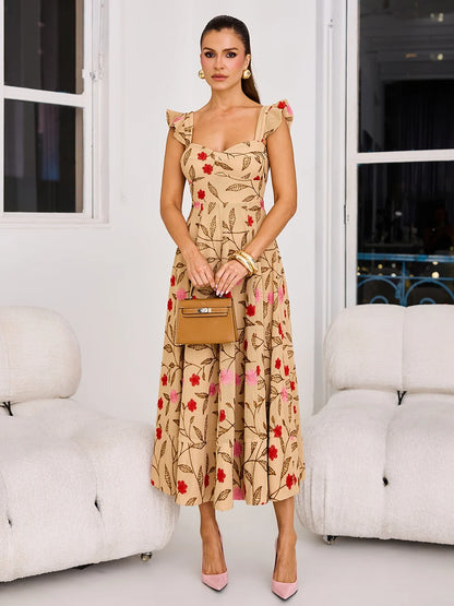 Vestido Catalina Midi Rodado em Telado Bordado Bege