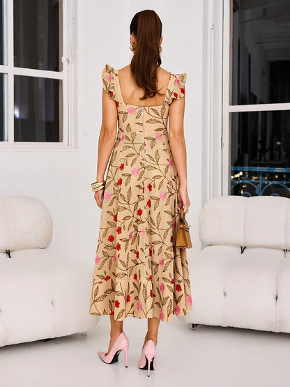 Vestido Catalina Midi Rodado em Telado Bordado Bege