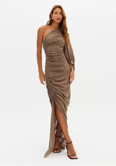 Vestido Super Midi Ombro Único Com Franzido