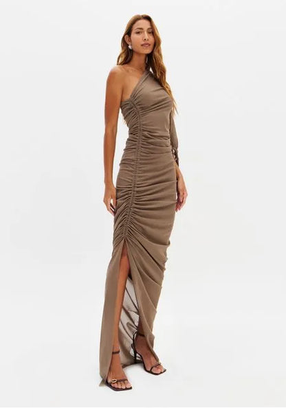 Vestido Super Midi Ombro Único Com Franzido