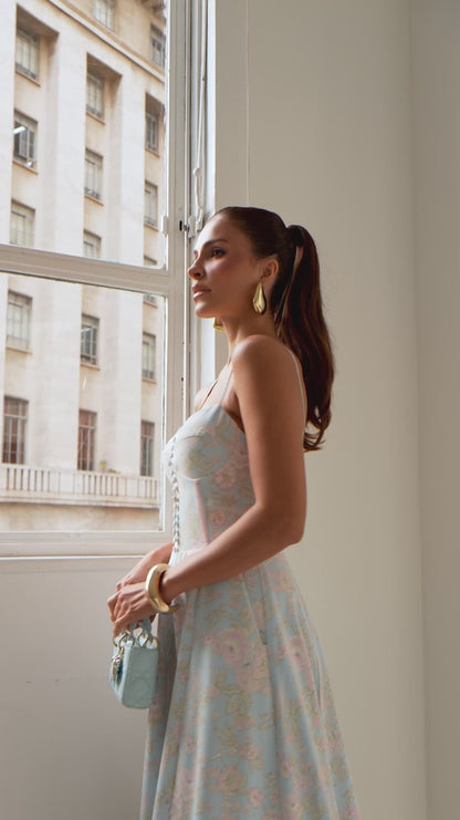 Vestido Palm Springs Midi Rodado em Crepe Estampado Azul