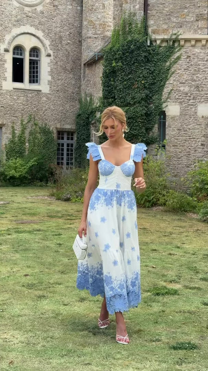 Vestido Belle de Jour Midi de Cambraia Bordada Off White e Azul