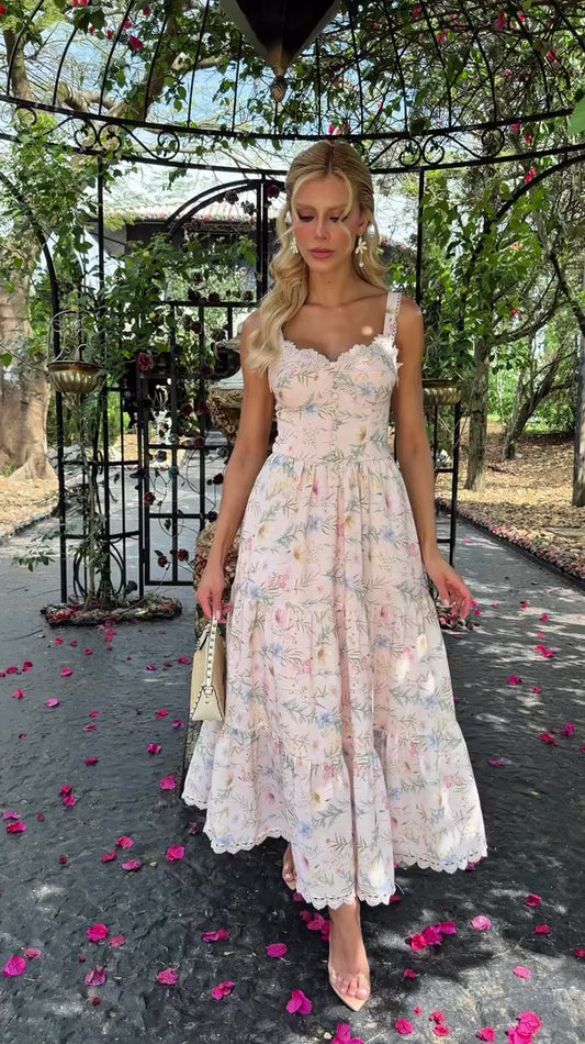 Vestido Amarilis Midi Rosé Floral em Crepe Alfaiataria Premium