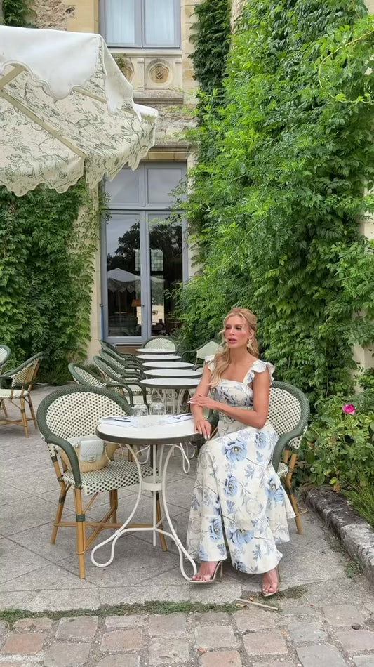 Vestido Florescer Midi de Crepe Alfaiataria Floral Off White e Azul