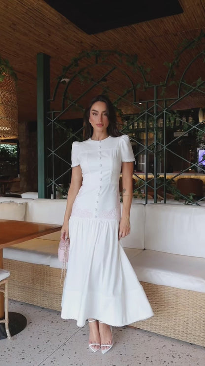 Vestido Midi Off White em Viscolinho Bordado Arabescos Dubai