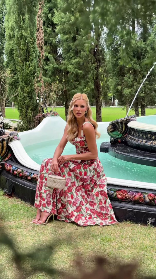 Vestido Holly Midi Floral em Crepe Alfaiataria Premium Bege