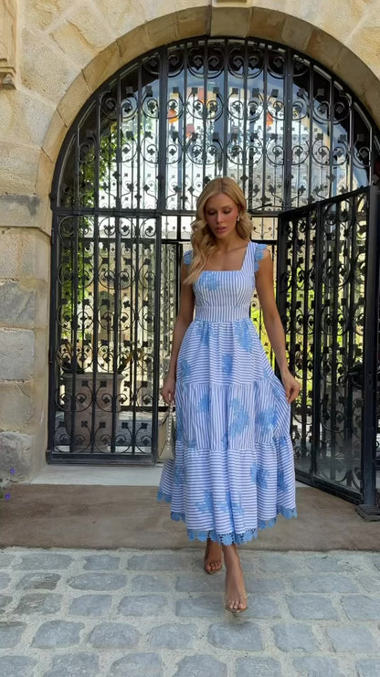 Vestido Secret de Jardin Midi de Cambraia Listrado Azul e Off White