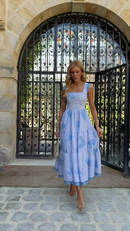 Vestido Secret de Jardin Midi de Cambraia Listrado Azul e Off White