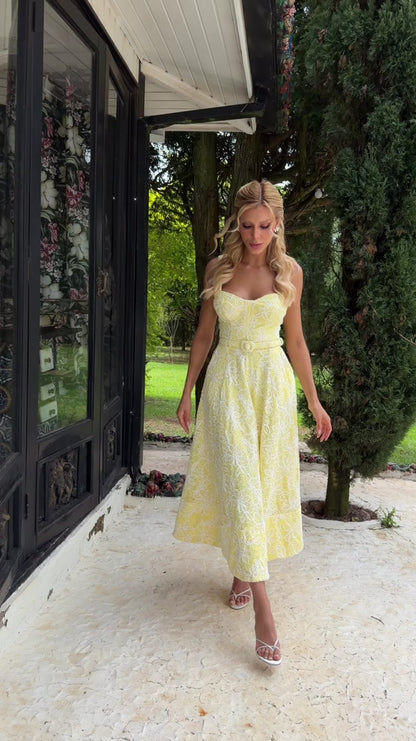 Vestido Belladonna Midi Amarelo em Renda Bordada com Paetês