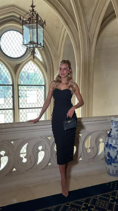 Vestido Contour Midi Ajustado de Crepe Alfaiataria Preto