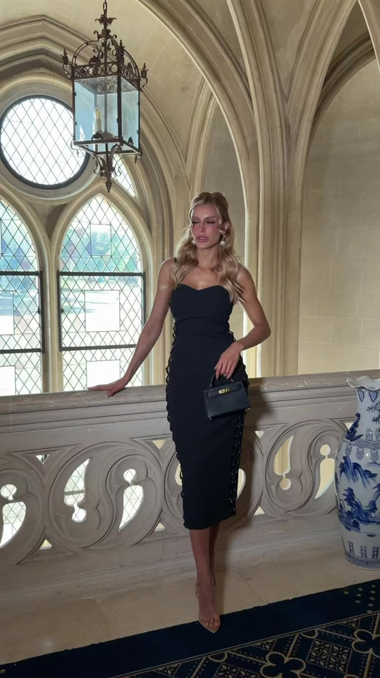 Vestido Contour Midi Ajustado de Crepe Alfaiataria Preto