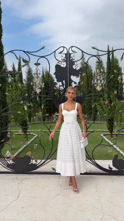 Vestido Raízes Midi Off-White em Crepe e Tule Floral 3D