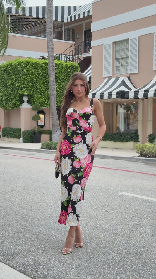 Vestido Mídi Floral Fundo Preto com Póa Romance