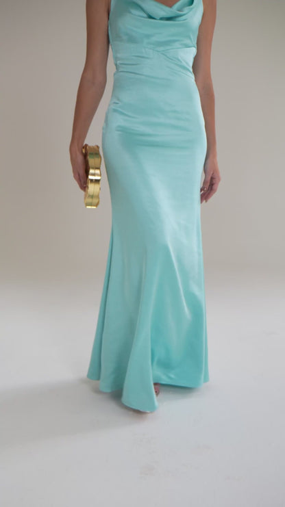 Vestido Forever Yours Midi Sereia em Cetim Premium Turquesa