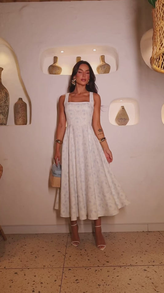 Vestido Midi Cape Town em Crepe Soho Estampa Azul