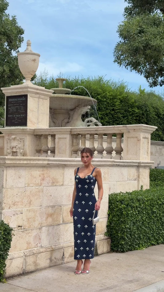 Vestido Astrale Midi Bordado Azul Marinho