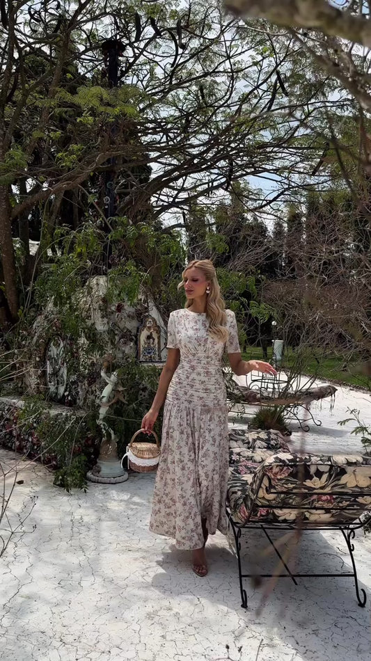 Vestido Frésia Midi Bege Floral em Malha Micro Fluid