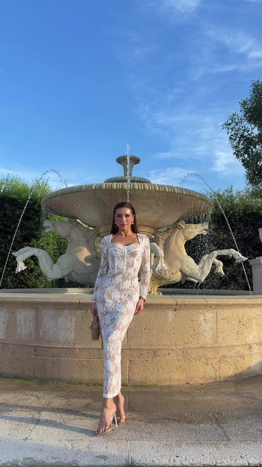 Vestido Bianca Midi de Renda Off White com Nude