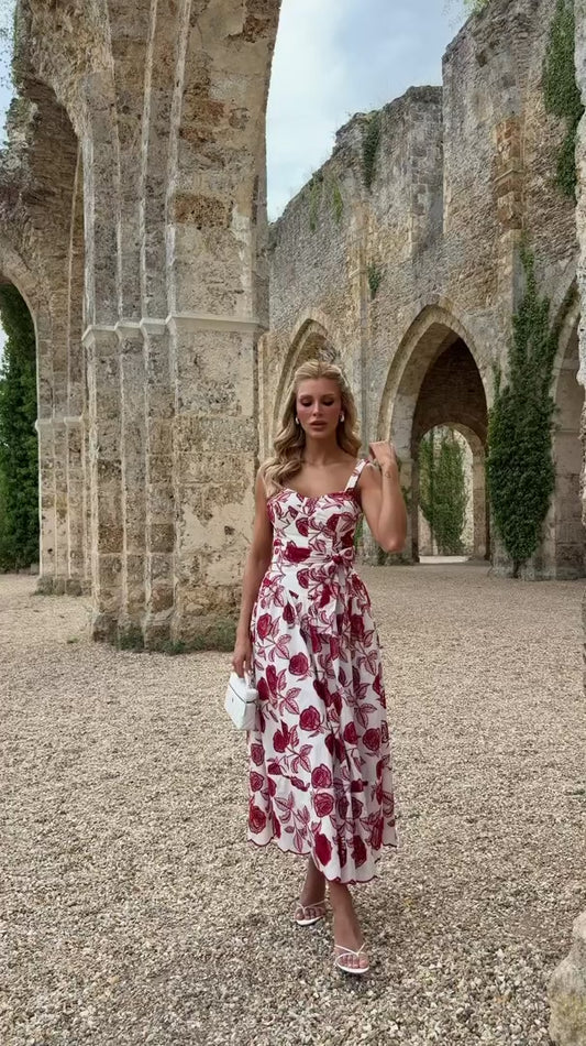 Vestido Rosalia Midi de Cambraia Bordada Off-White e Vermelho