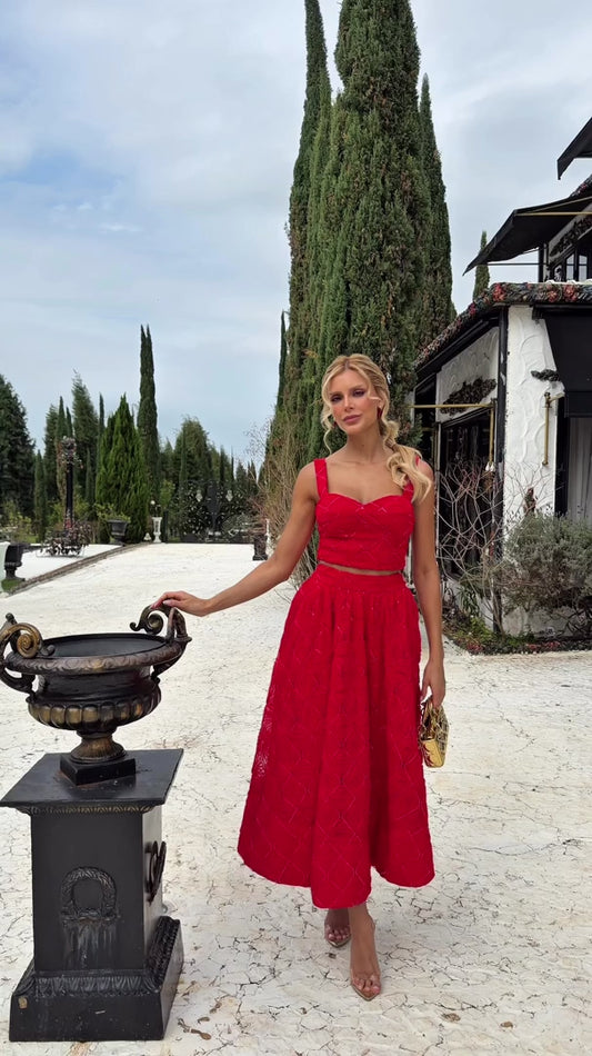 Conjunto Briana Midi Vermelho em Tule Bordado com Paetês