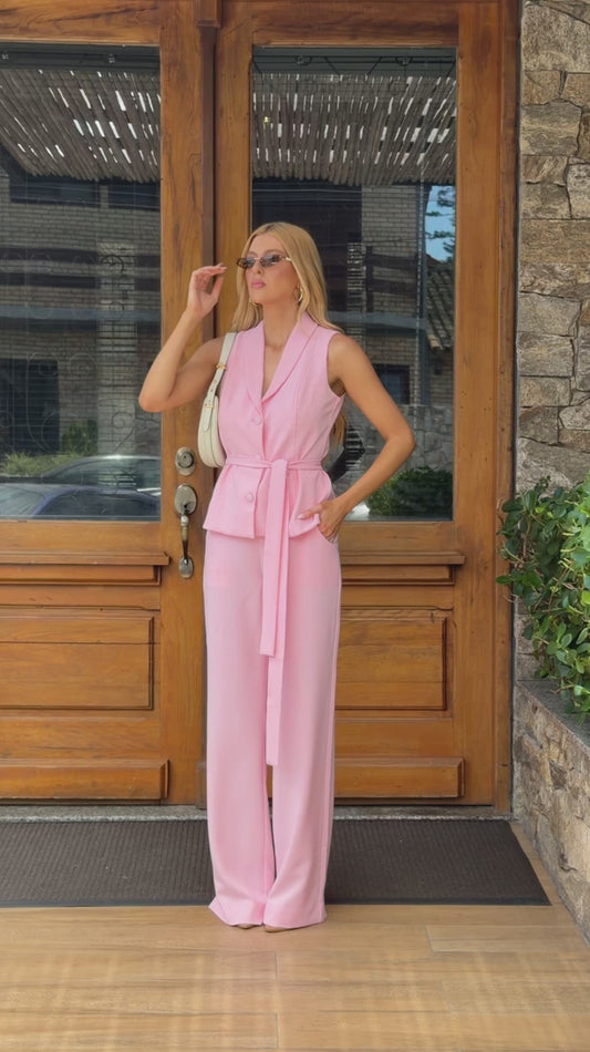 Conjunto Longo Rosa em Crepe Ravena Alfaiataria Soft Santa Monica