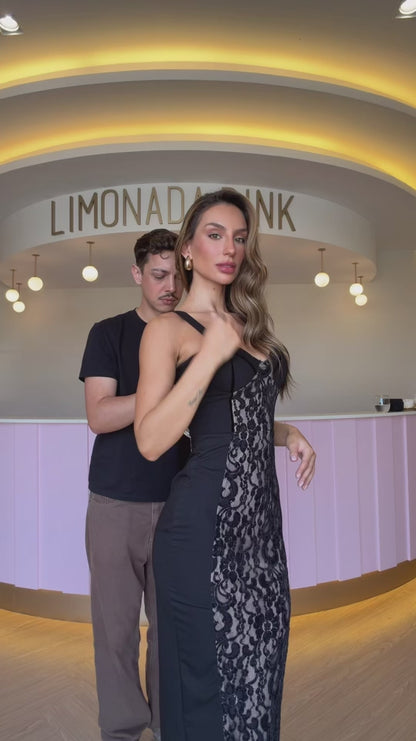 Vestido Sultry Midi Justo em Crepe e Renda Texturizada Preta