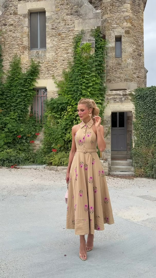 Vestido Helena Midi de Tricoline Listrada Bege
