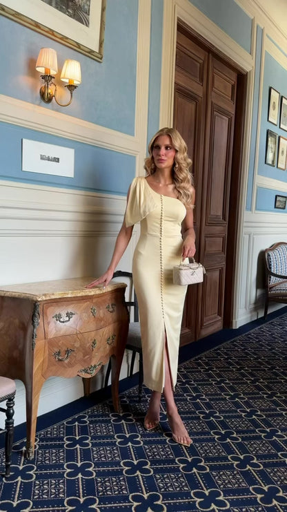 Vestido Verena Midi Assimétrico de Crepe Alfaiataria Amarelo Manteiga