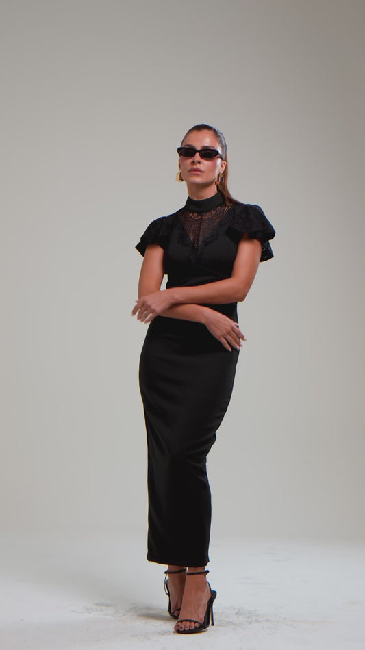 Vestido Secret Affair Midi Justo em Crepe e Renda Preto
