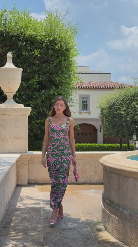 Vestido Mídi Arabesco Verde com Rosa Chiclete Ibiza