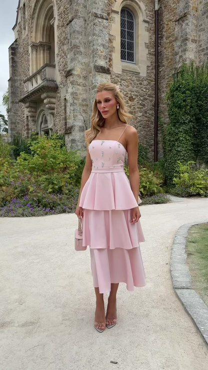 Vestido Chantilly Midi Acinturado de Crepe Alfaiataria Rosa Candy