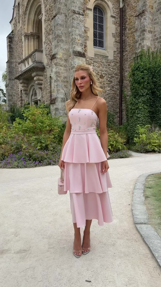 Vestido Chantilly Midi Acinturado de Crepe Alfaiataria Rosa Candy